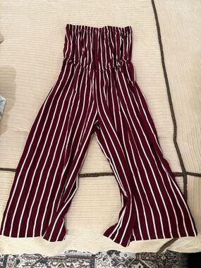 Ambiance Burgundy and White Striped Strapless Wide-Leg Jumpsuit
